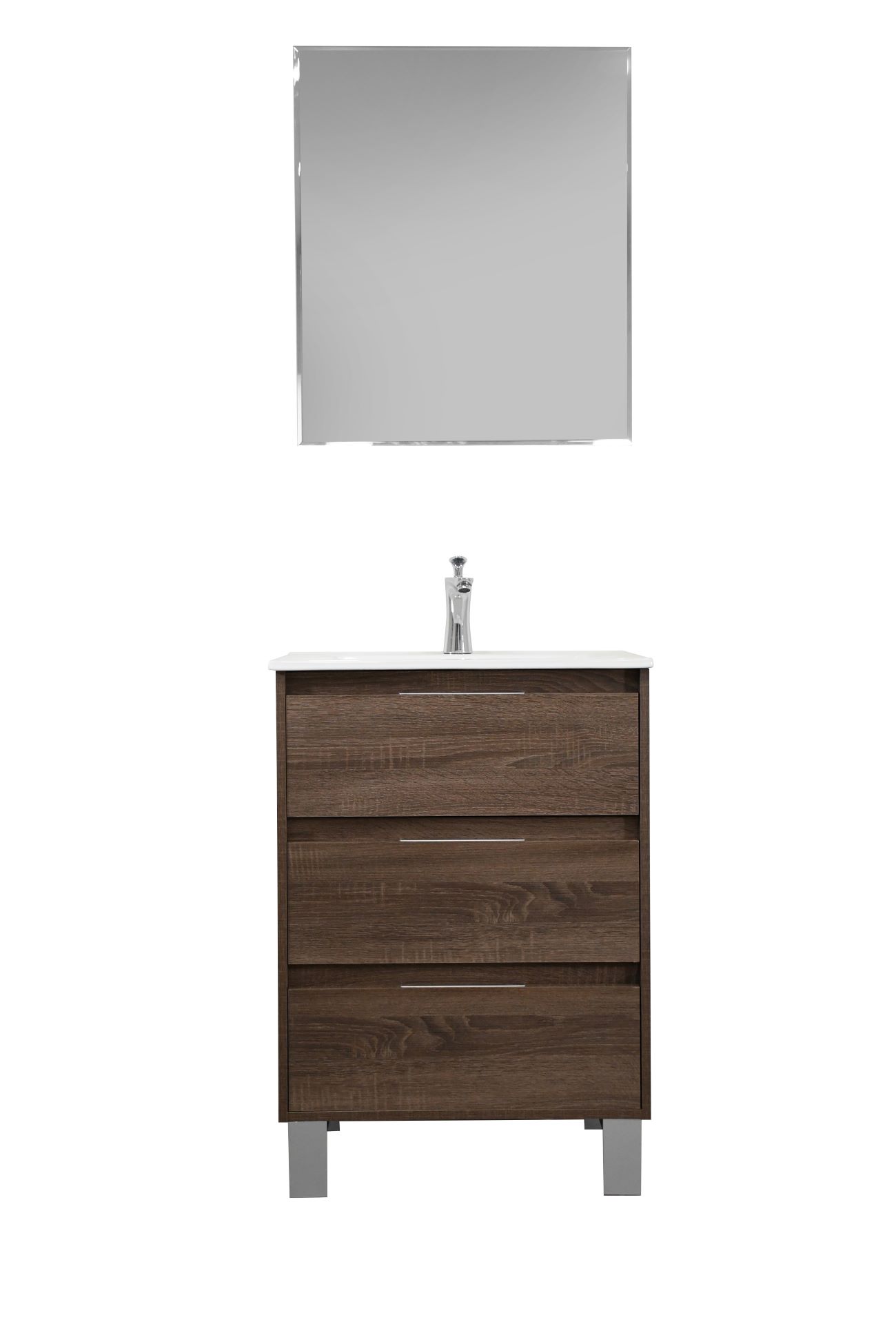 Set Mueble para baño a piso (Gabinete) SI60BR, con tres cajones. El set incluye: lavabo de cerámica, espejo y monomando. Color Brittania.