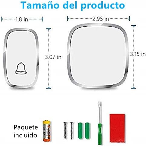Timbre Inalámbrico, Timbre Impermeable con 1 Transmisor y 1 Receptor, Timbres para Puertas Volumen Ajustable Alcance a 280m, 4 Niveles de Volumen y LED Indicador para Oficina, Hotel, Casa y Más Blanco
