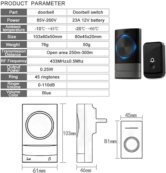 Timbre iInalámbrico para Casa, Timbres Inalámbricos para Puerta con 1 Transmisor y 2 Receptor, 200 Metros de Alcance con 45 Melodías Elegibles, 4 Niveles de Volumen para Casa, Oficinas, Hoteles