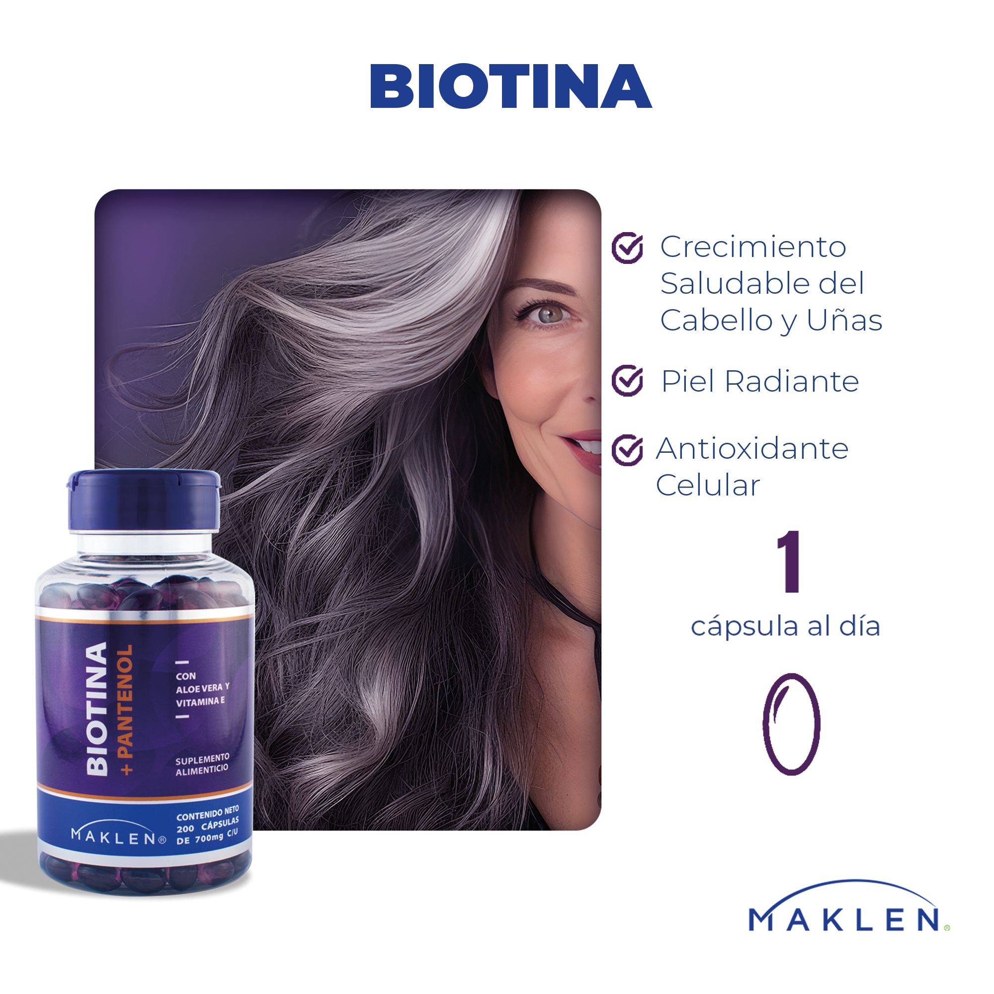 MAKLEN Biotina con Pantenol, Vitamina E y Aloe Vera | 200 Cápsulas Softgels de 700mg