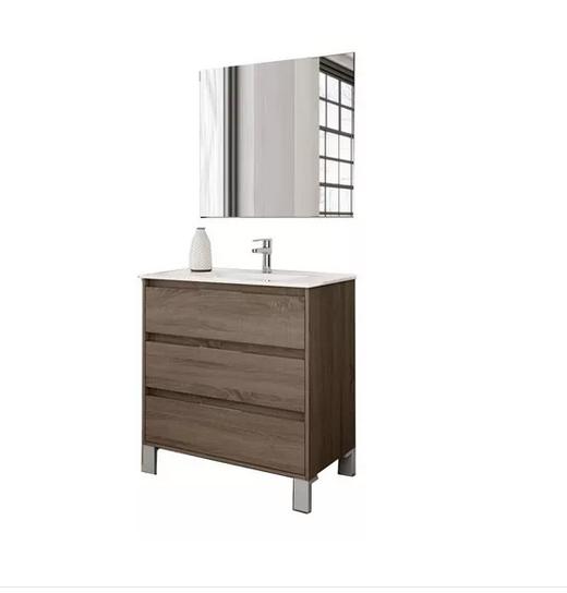 Set Mueble para baño a piso (Gabinete) SI60BR, con tres cajones. El set incluye: lavabo de cerámica, espejo y monomando. Color Brittania.