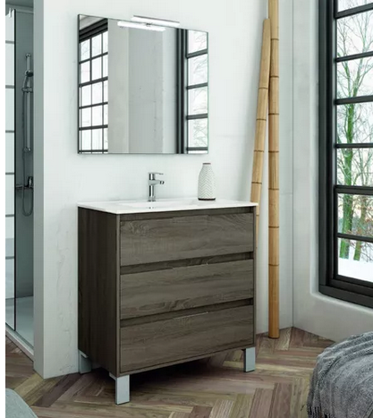 Set Mueble para baño a piso (Gabinete) SI60BR, con tres cajones. El set incluye: lavabo de cerámica, espejo y monomando. Color Brittania.