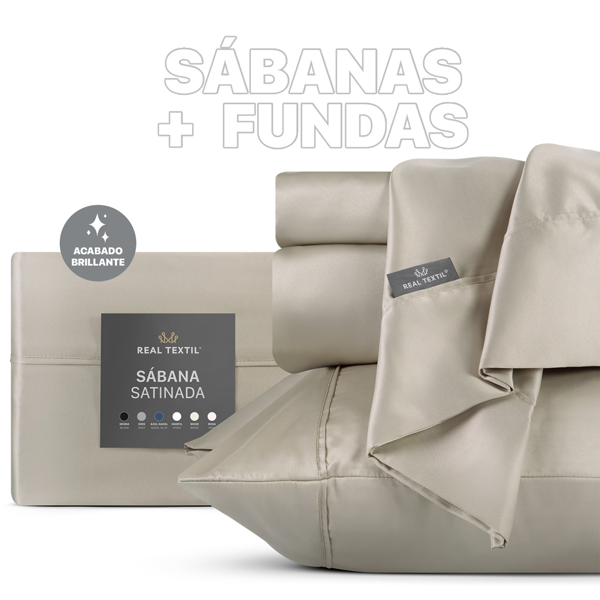 Sábanas de Satín Matrimonial Tipo Seda Suave y Lujosa Con Fundas Beige Real Textil