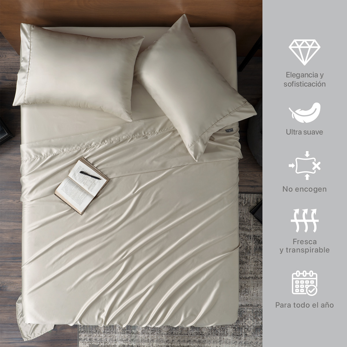 Sábanas de Satín Matrimonial Tipo Seda Suave y Lujosa Con Fundas Beige Real Textil