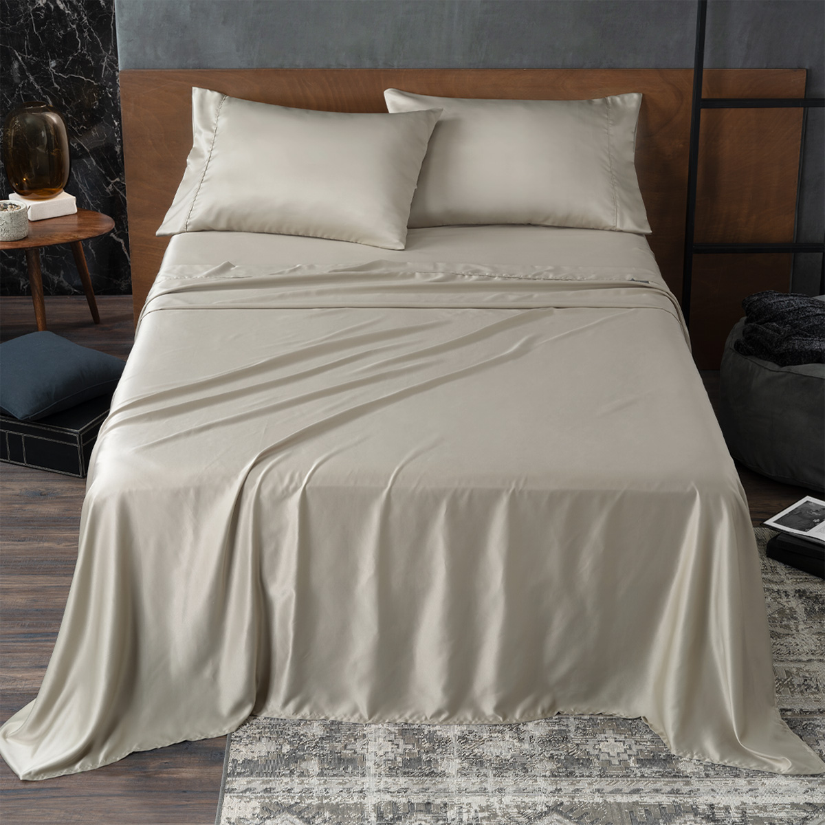 Sábanas de Satín Matrimonial Tipo Seda Suave y Lujosa Con Fundas Beige Real Textil