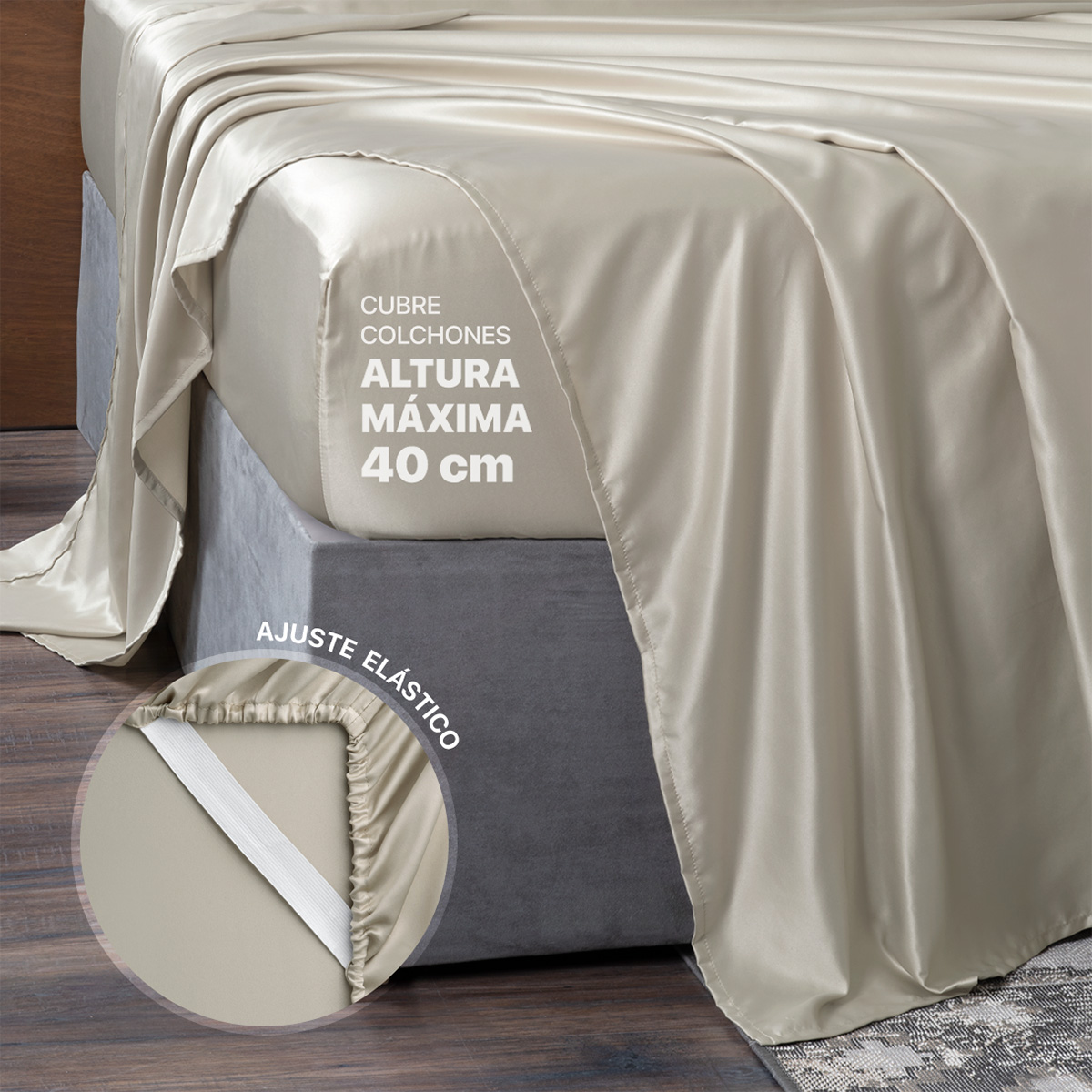 Sábanas de Satín Matrimonial Tipo Seda Suave y Lujosa Con Fundas Beige Real Textil