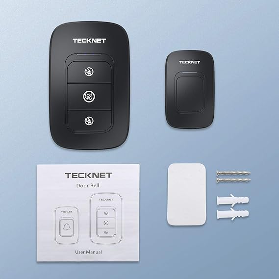 TECKNET Timbre inalámbrico, timbres de aula, fácil instalación, volumen ajustable, rango de 1300 pies con 38 campanas, kit de timbre de puerta inalámbrico, funciona con pilas, 4 niveles de volumen y
