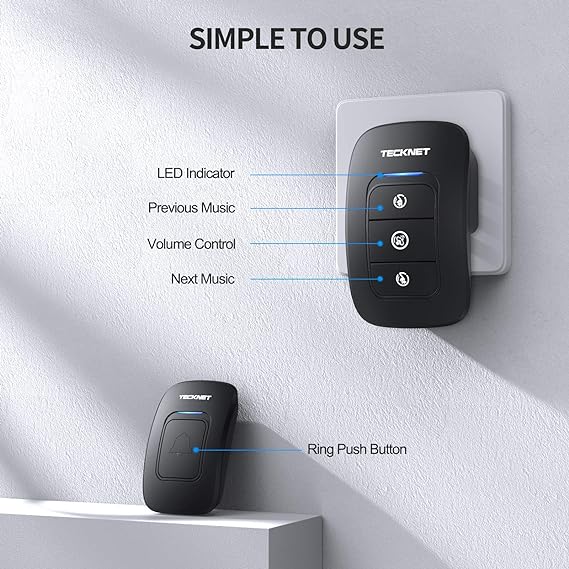 TECKNET Timbre inalámbrico, timbres de aula, fácil instalación, volumen ajustable, rango de 1300 pies con 38 campanas, kit de timbre de puerta inalámbrico, funciona con pilas, 4 niveles de volumen y