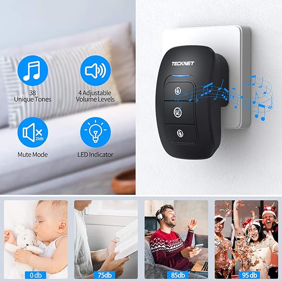 TECKNET Timbre inalámbrico, timbres de aula, fácil instalación, volumen ajustable, rango de 1300 pies con 38 campanas, kit de timbre de puerta inalámbrico, funciona con pilas, 4 niveles de volumen y