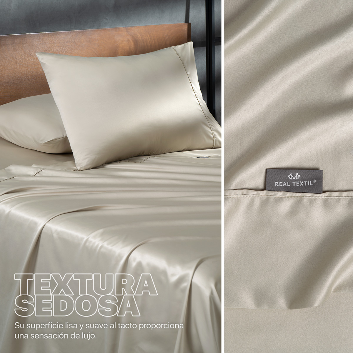Sábanas de Satín Matrimonial Tipo Seda Suave y Lujosa Con Fundas Beige Real Textil