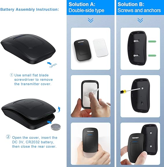 TECKNET Timbre inalámbrico, timbres de aula, fácil instalación, volumen ajustable, rango de 1300 pies con 38 campanas, kit de timbre de puerta inalámbrico, funciona con pilas, 4 niveles de volumen y