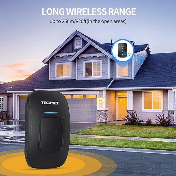TECKNET Timbre inalámbrico, timbres de aula, fácil instalación, volumen ajustable, rango de 1300 pies con 38 campanas, kit de timbre de puerta inalámbrico, funciona con pilas, 4 niveles de volumen y