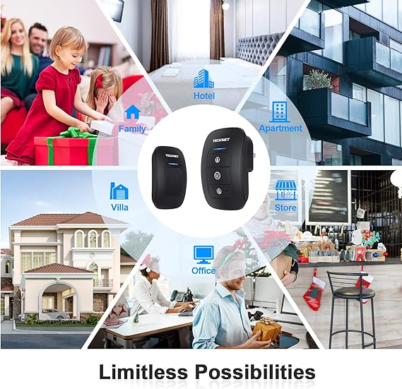 TECKNET Timbre inalámbrico, timbres de aula, fácil instalación, volumen ajustable, rango de 1300 pies con 38 campanas, kit de timbre de puerta inalámbrico, funciona con pilas, 4 niveles de volumen y