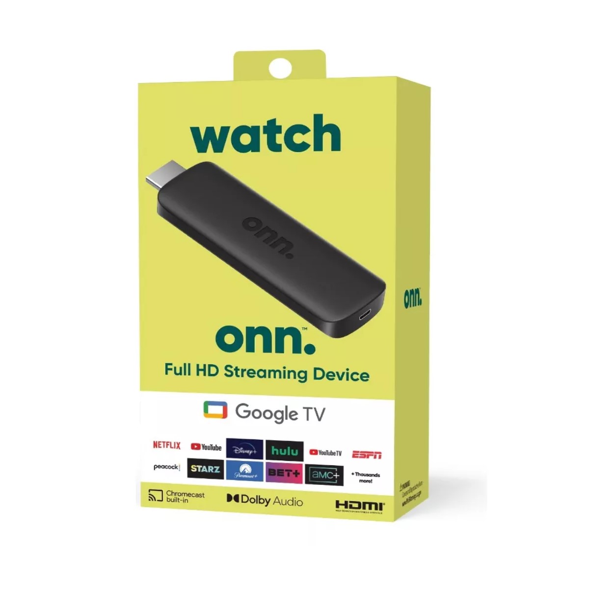 Dispositivo de Transmisión Full HD de Google TV con Chromecast Onn.