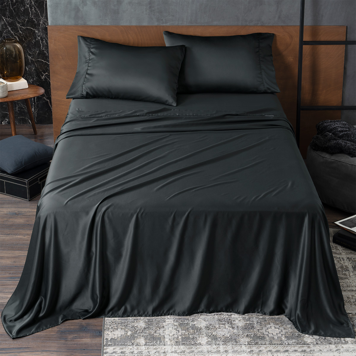 Sábanas de Satín Queen Size Tipo Seda Suave y Lujosa Con Fundas Negra Real Textil.