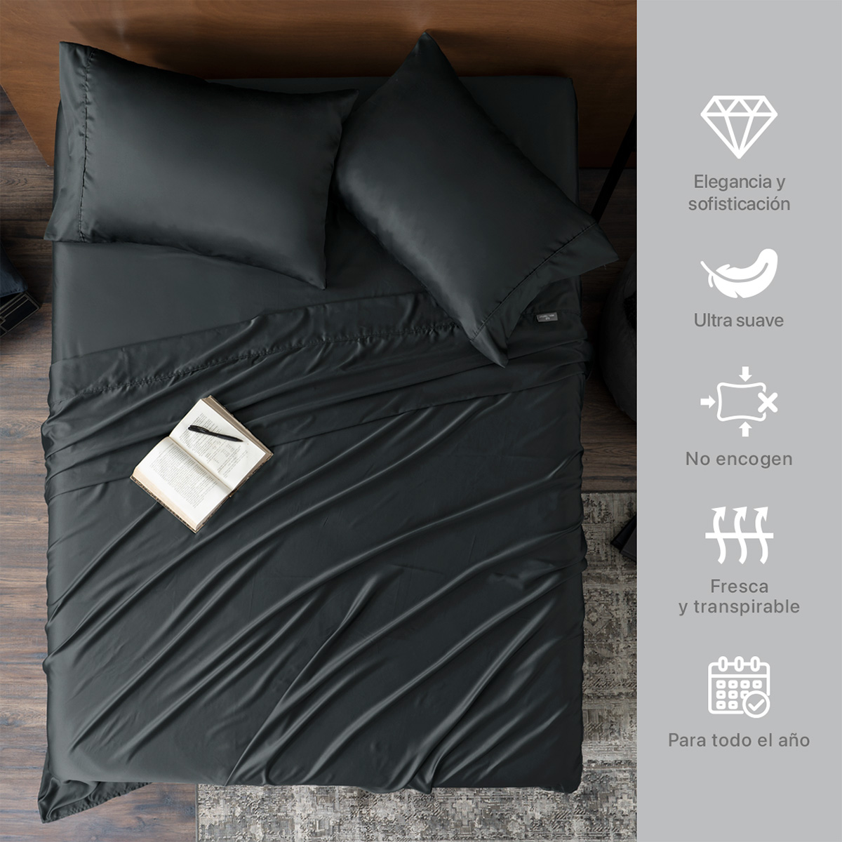 Sábanas de Satín King Size Tipo Seda Suave y Lujosa Con Fundas Negra Real Textil