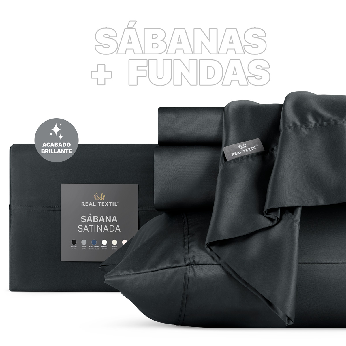 Sábanas de Satín Queen Size Tipo Seda Suave y Lujosa Con Fundas Negra Real Textil.