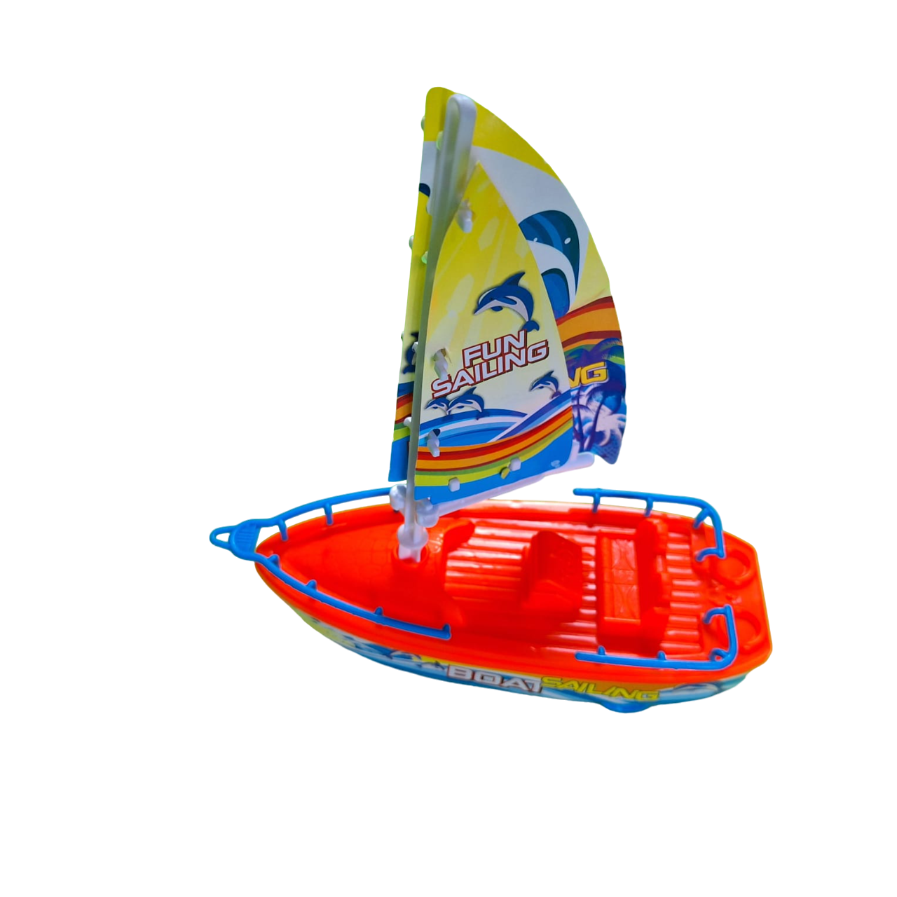 Barco Velero Color Azul Con Naranja Con Ruedas De Fricción Juguete De Niños