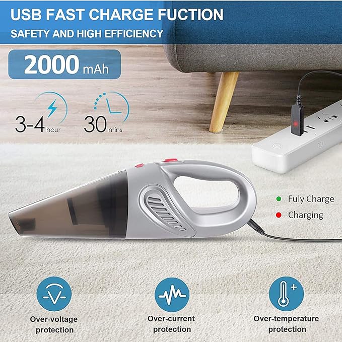 ANNA TOSANI Aspiradora de Mano, 5000PA Aspiradora Inalámbrico Portatil Potente Aspirador de Coche Seco y Húmedo120w USB Carga Rapida para Coches,Hogar, Oficina, Sofas, Pelos Mascotas