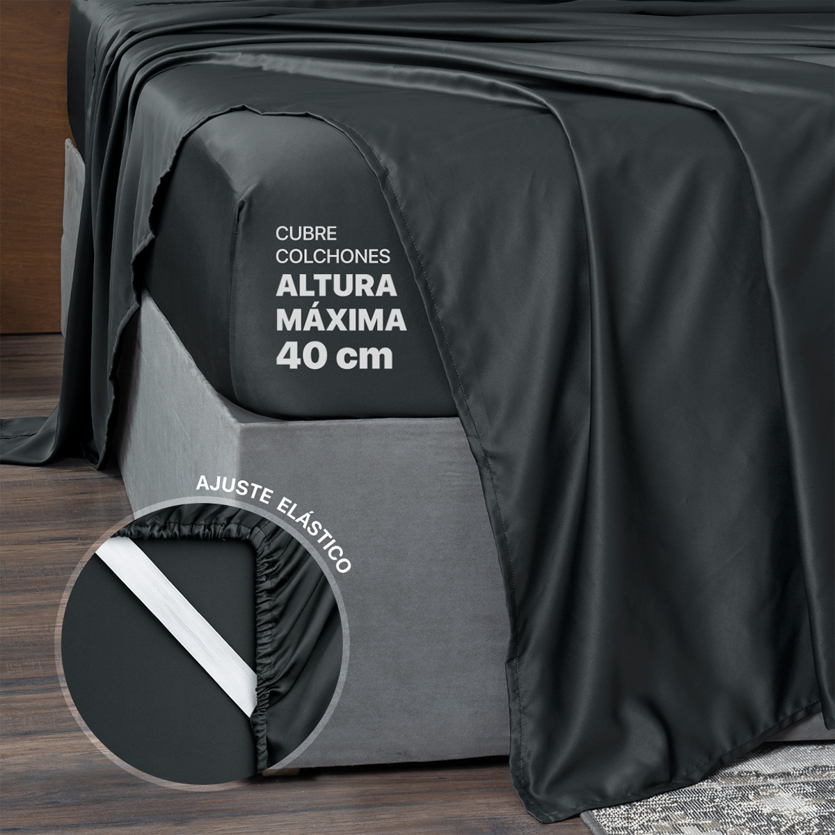 Sábanas de Satín Matrimonial Tipo Seda Suave y Lujosa Con Fundas Negra Real Textil.