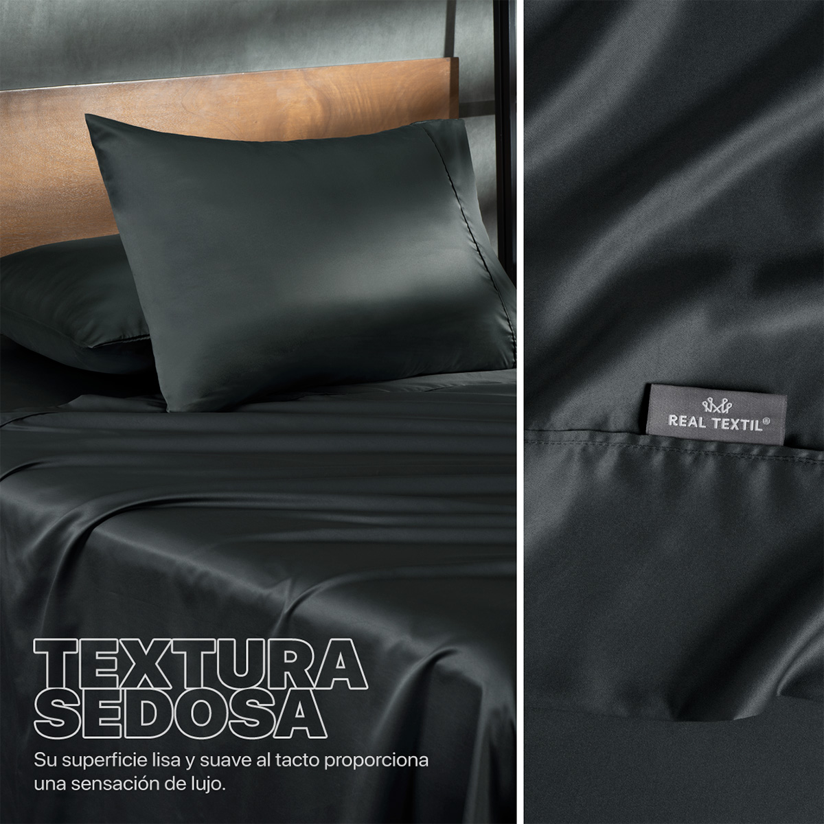 Sábanas de Satín Queen Size Tipo Seda Suave y Lujosa Con Fundas Negra Real Textil.