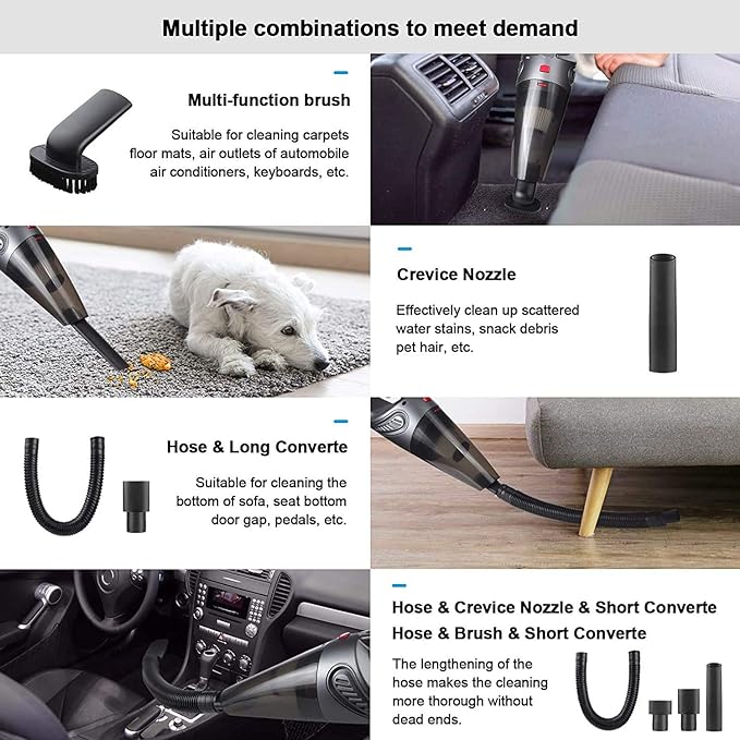 ANNA TOSANI Aspiradora de Mano, 5000PA Aspiradora Inalámbrico Portatil Potente Aspirador de Coche Seco y Húmedo120w USB Carga Rapida para Coches,Hogar, Oficina, Sofas, Pelos Mascotas