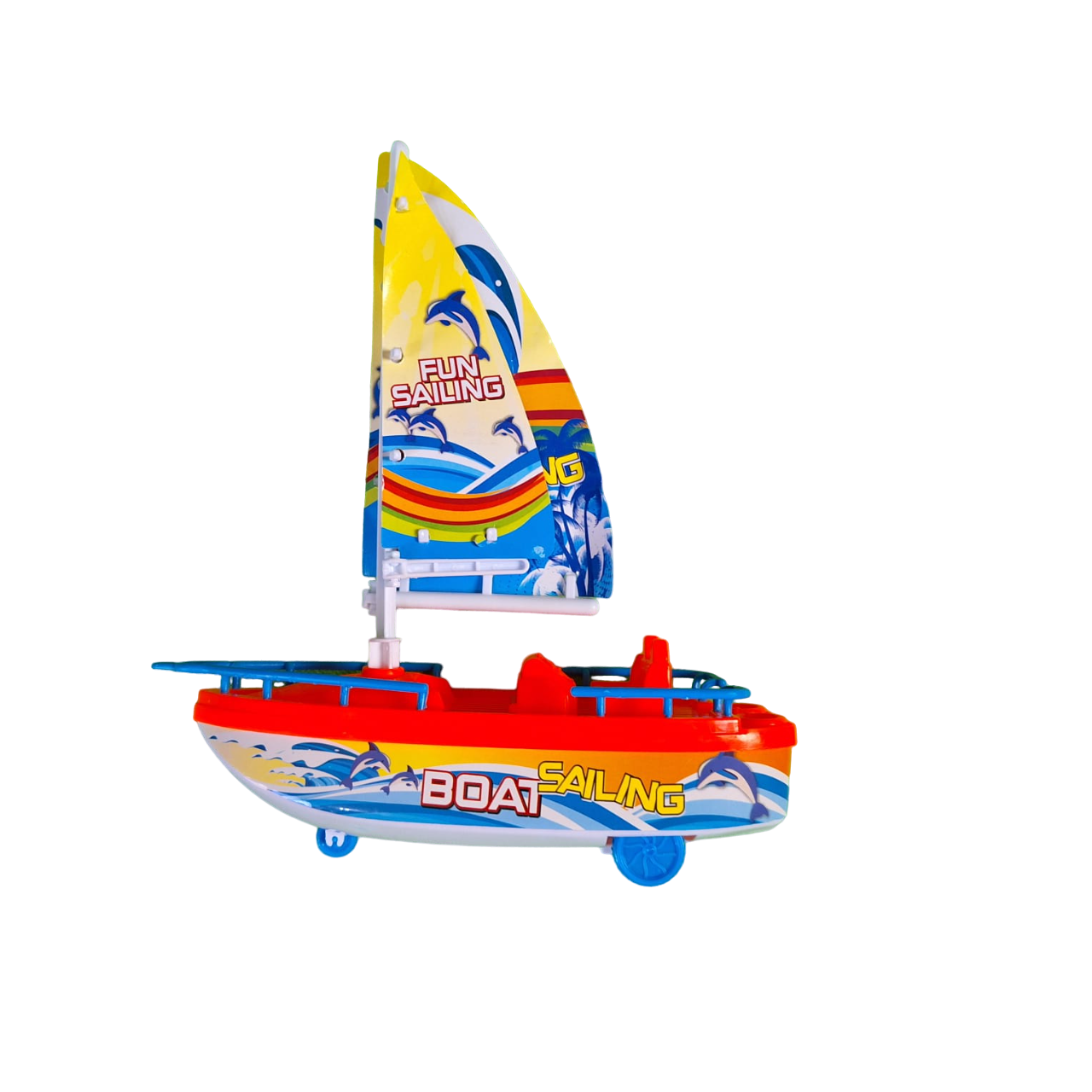 Barco Velero Color Azul Con Naranja Con Ruedas De Fricción Juguete De Niños