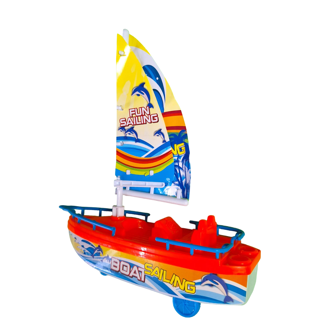 Barco Velero Color Azul Con Naranja Con Ruedas De Fricción Juguete De Niños
