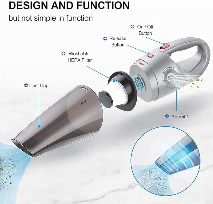 ANNA TOSANI Aspiradora de Mano, 5000PA Aspiradora Inalámbrico Portatil Potente Aspirador de Coche Seco y Húmedo120w USB Carga Rapida para Coches,Hogar, Oficina, Sofas, Pelos Mascotas