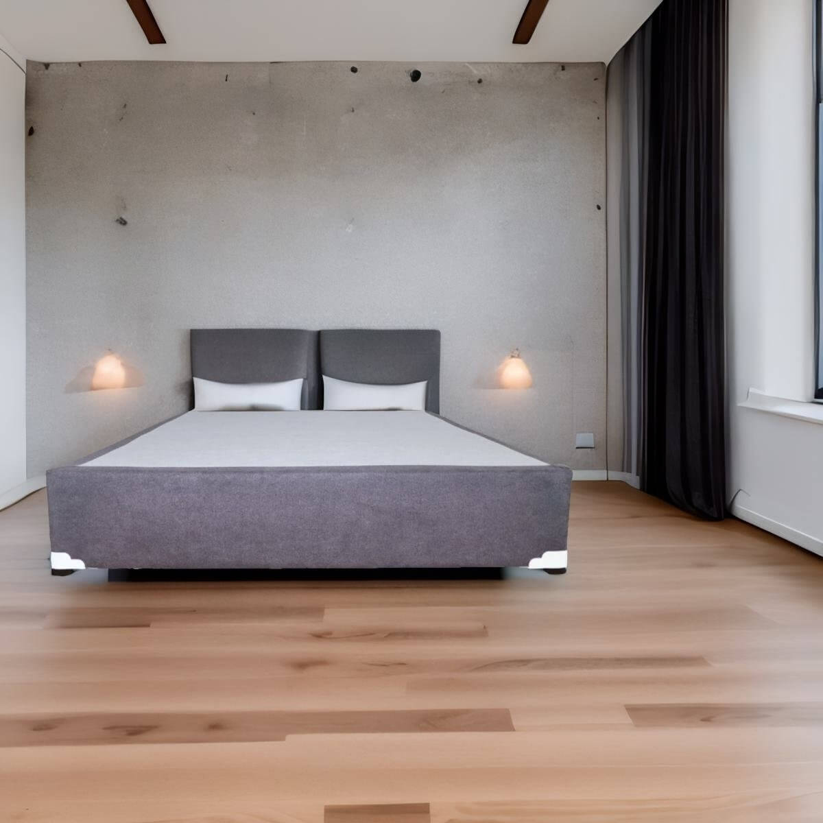 Base para Cama Queen Size NORVAL Muebles Base de Madera con Moderno tapiz en Lino Gris.