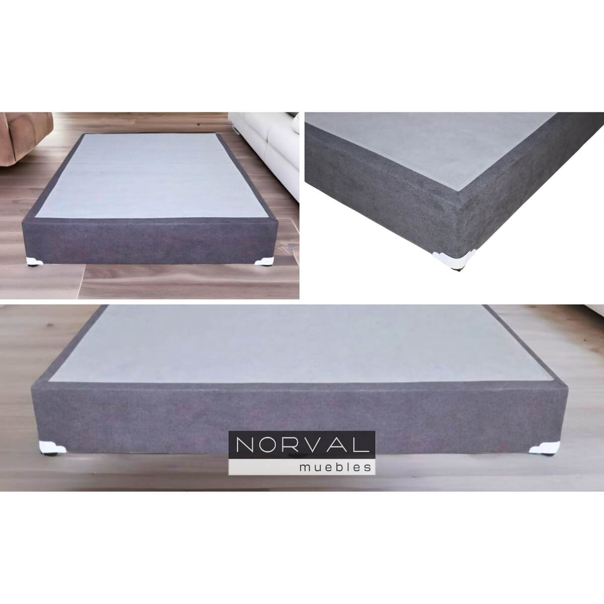 Base para Cama Queen Size NORVAL Muebles Base de Madera con Moderno tapiz en Lino Gris.