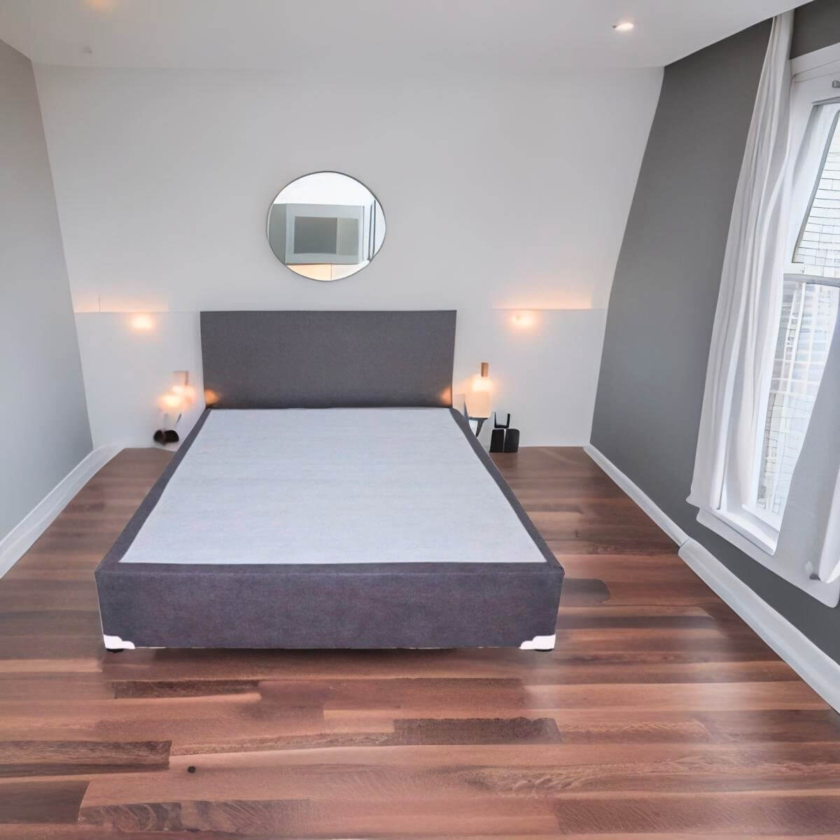 Base para Cama Queen Size NORVAL Muebles Base de Madera con Moderno tapiz en Lino Gris.