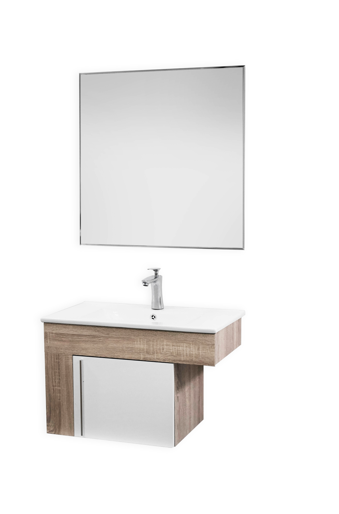 Set Mueble para baño suspendido (Gabinete) GR70CA de 70 cms. con una puerta.  El set incluye: lavabo de cerámica, espejo y monomando. Estructura color Cambrian y puerta blanca.