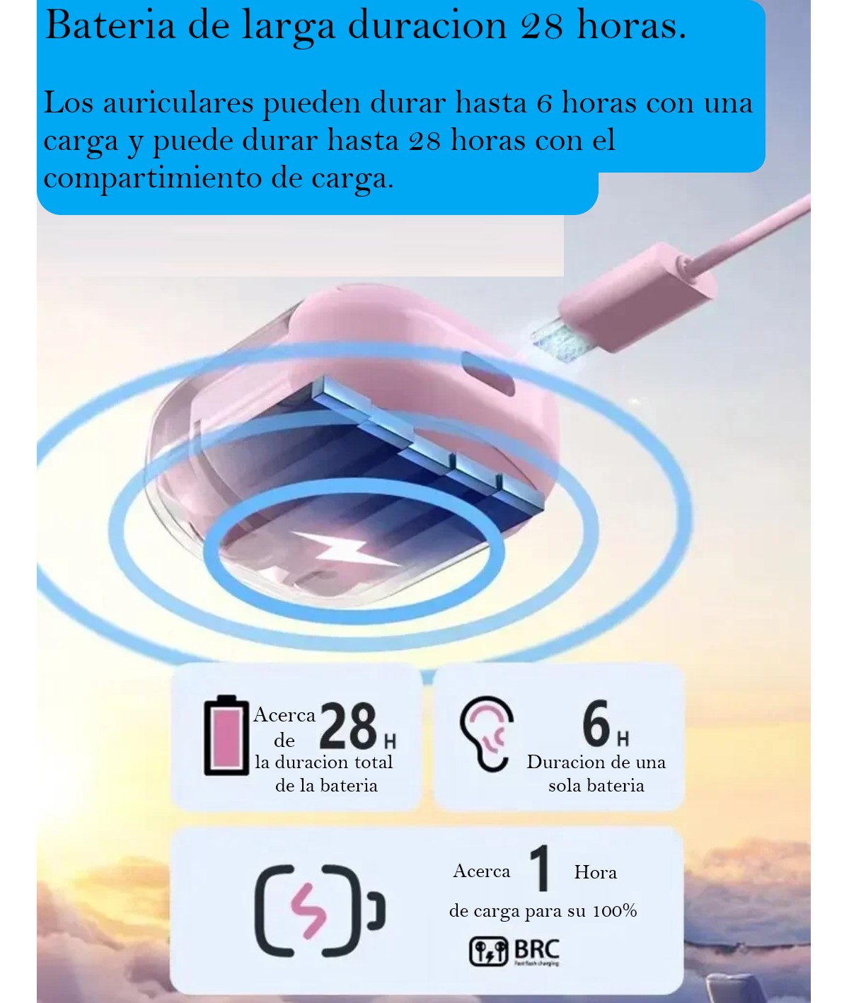 Audífonos auriculares inalámbricos azul Bluetooth micrófono LED pantalla pantalla sonido estéreo