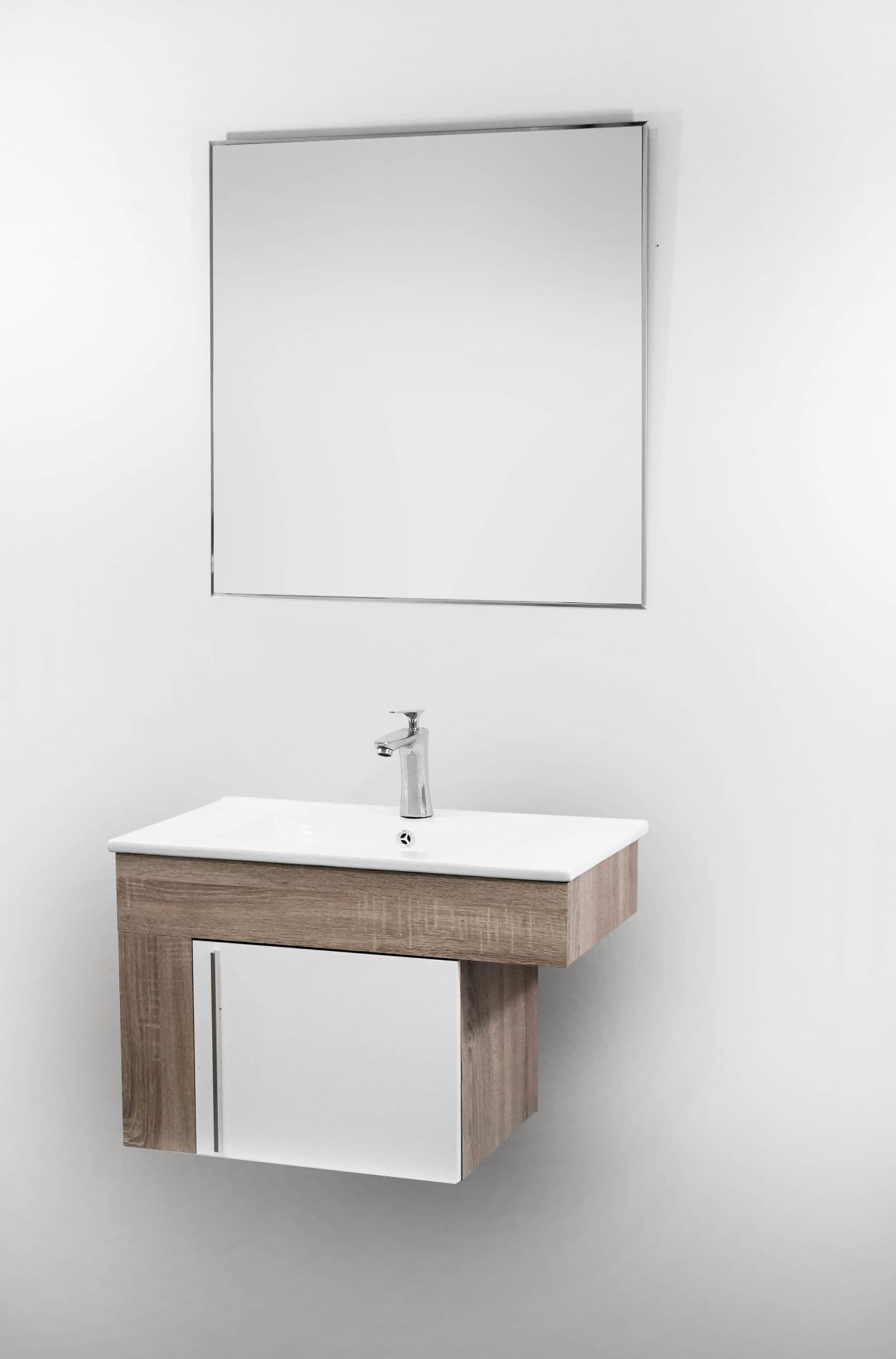 Set Mueble para baño suspendido (Gabinete) GR70CA de 70 cms. con una puerta.  El set incluye: lavabo de cerámica, espejo y monomando. Estructura color Cambrian y puerta blanca.