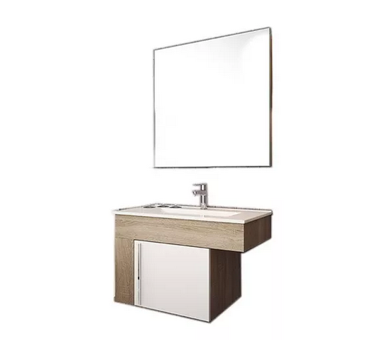 Set Mueble para baño suspendido (Gabinete) GR70CA de 70 cms. con una puerta.  El set incluye: lavabo de cerámica, espejo y monomando. Estructura color Cambrian y puerta blanca.