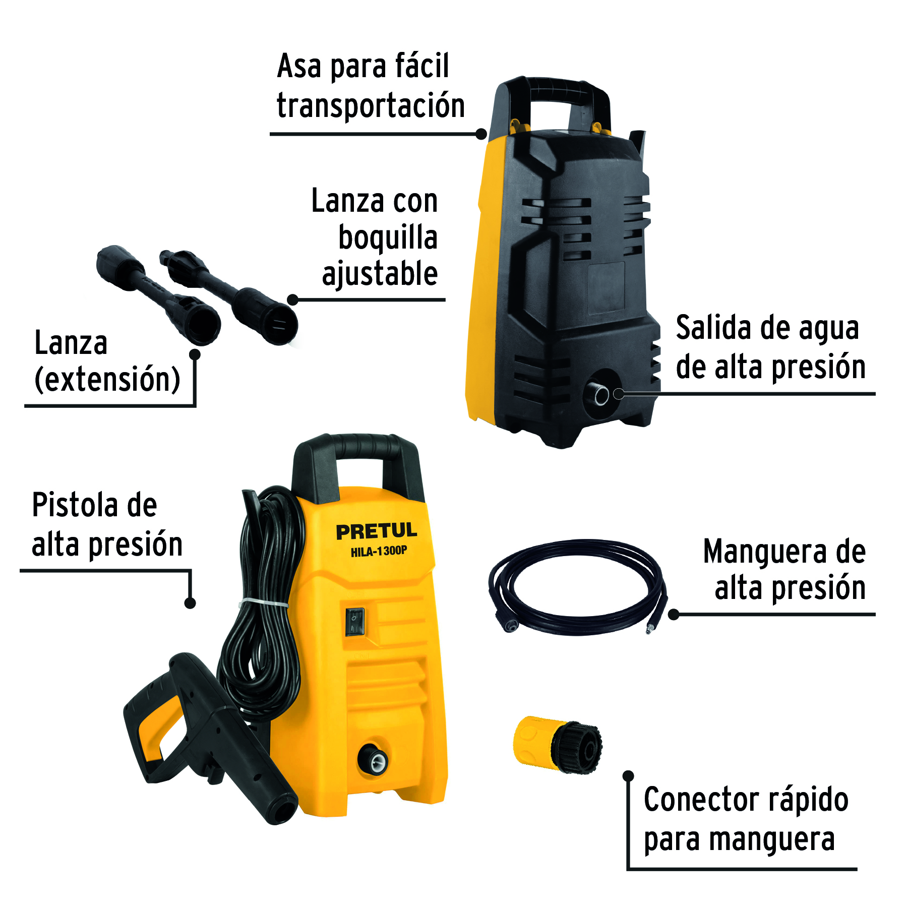 HIDROLAVADORA TURBO 1.6 HP CON EXTENSIÓN Y MANGUERA 10 METROS, PRETUL, KML047