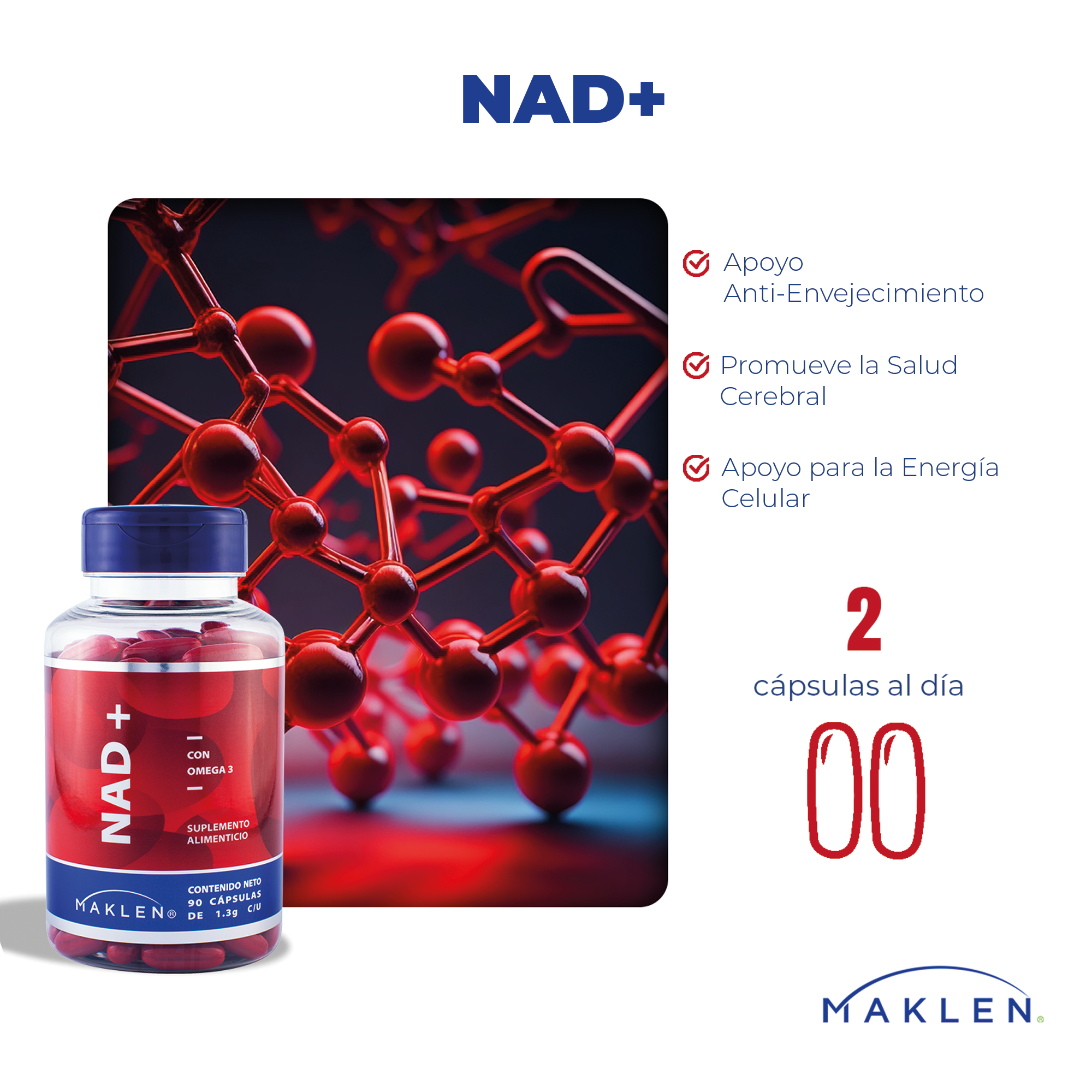 MAKLEN NAD+ Dinucleótido de Nicotinamida y Adenina | 90 Cápsulas Softgel de 1300mg