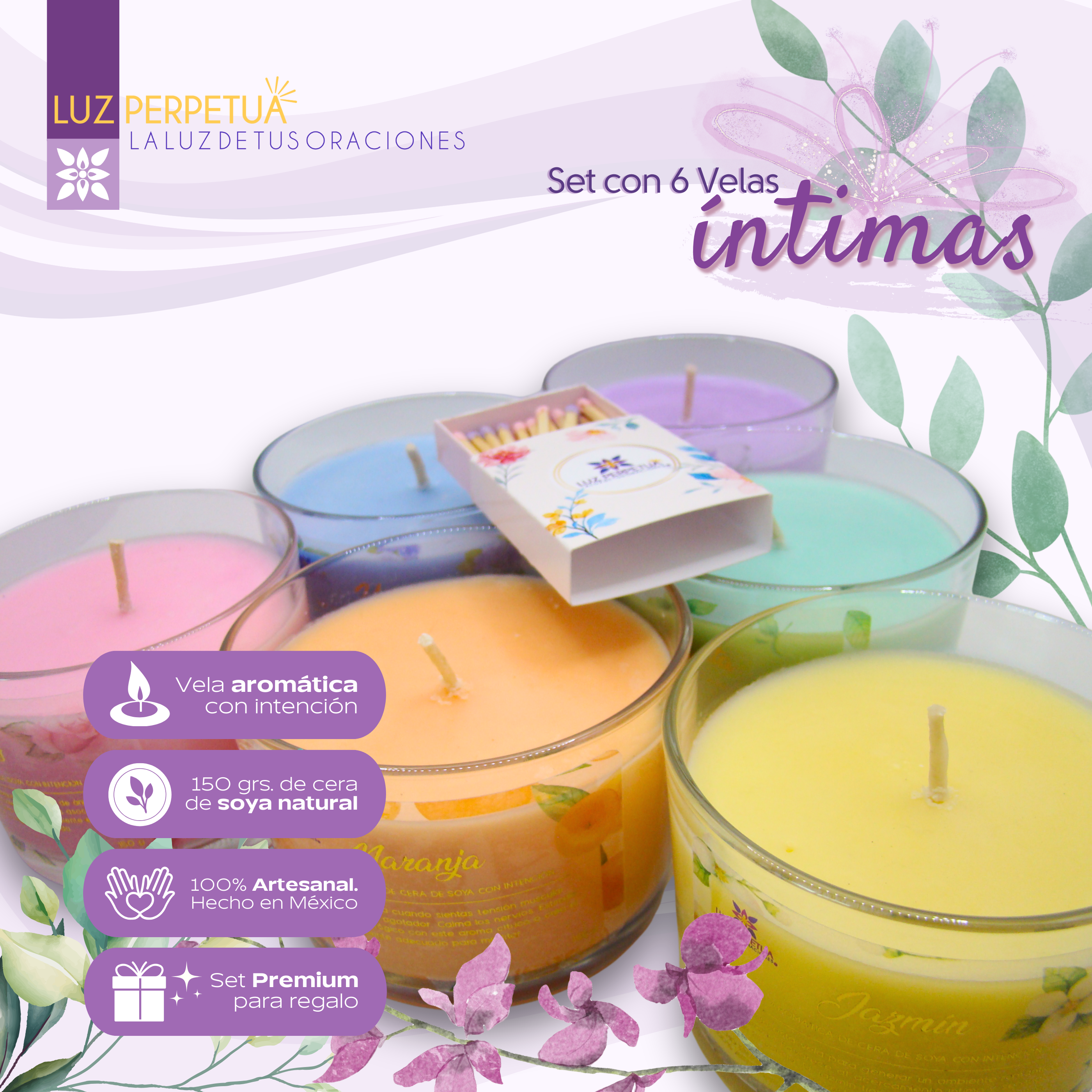 Set de 6 Velas Aromáticas. Estuche Premium de Velas Artesanales. Juego de Velas de Cera de Soya