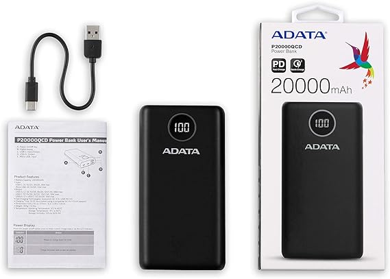ADATA Powerbank Batería Portátil Recargable P20000QCD Power Bank de 20,000 mAh (74Wh), Color Negro (AP20000QCD-DGT-CBK), Tecnologías de Carga Rápida Qualcomm QC 3.0  USB PD 3.0