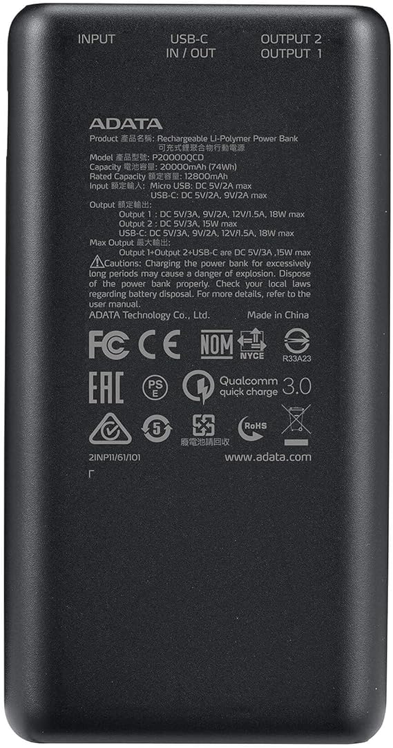 ADATA Powerbank Batería Portátil Recargable P20000QCD Power Bank de 20,000 mAh (74Wh), Color Negro (AP20000QCD-DGT-CBK), Tecnologías de Carga Rápida Qualcomm QC 3.0  USB PD 3.0