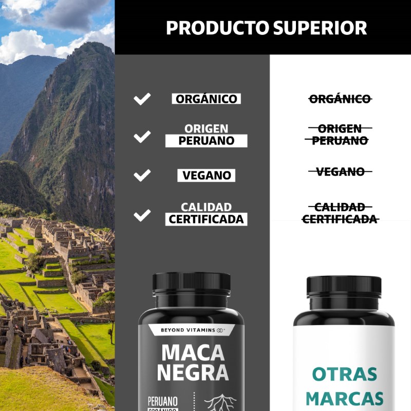 Suplemento Alimenticio Maca Peruana Negra Orgánica 100% Pura Beyond Vitamins 60 cápsulas