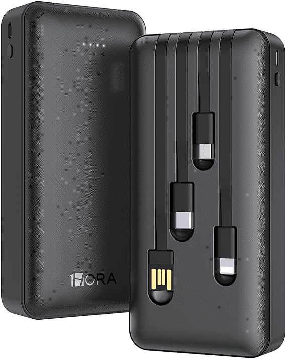 1 Hora Power Bank 20000mAh, Banco de Energía Batería Portátil con 4Cables Incorporados USB, Tipo C, Micro USB Pila Portatil Compatible para IP, Samsung, Xiaomi, con un 20CM Cable Micro USB-Negro