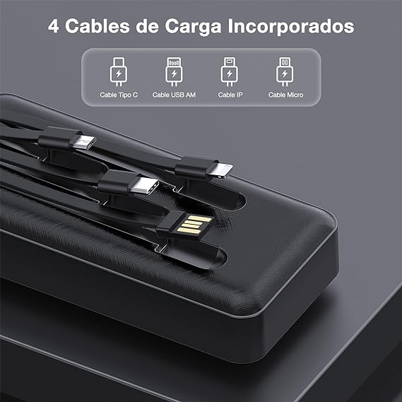 1 Hora Power Bank 20000mAh, Banco de Energía Batería Portátil con 4Cables Incorporados USB, Tipo C, Micro USB Pila Portatil Compatible para IP, Samsung, Xiaomi, con un 20CM Cable Micro USB-Negro