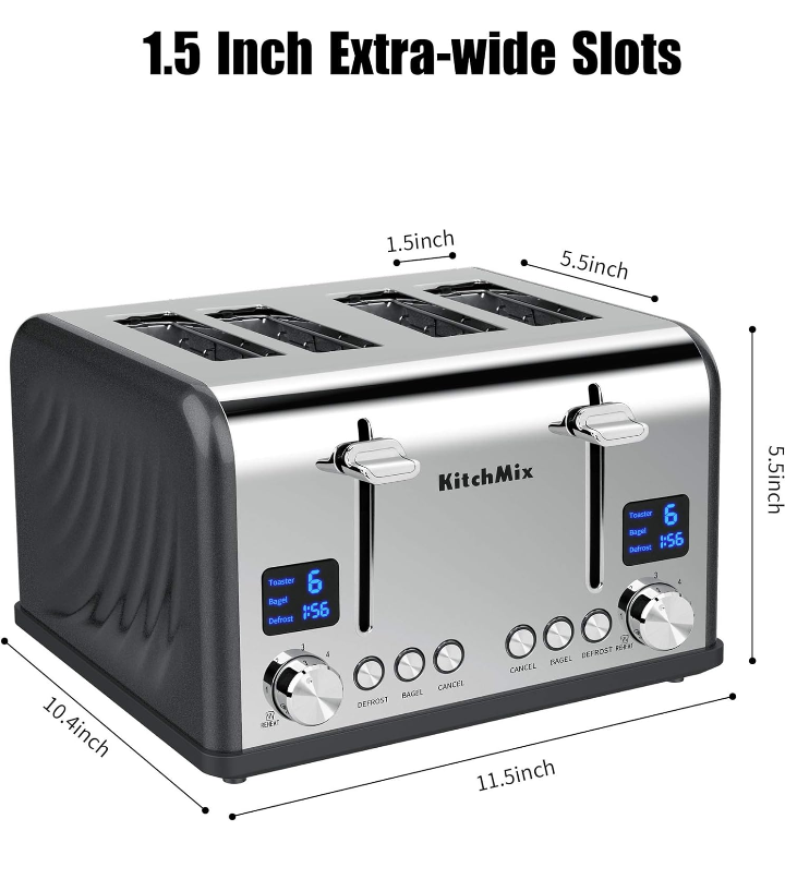 Tostador de 4 rebanadas pantalla doble ranura ancha bandeja de migas 