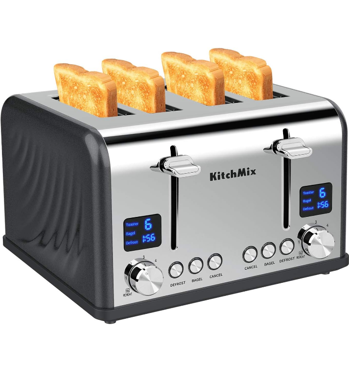 Tostador de 4 rebanadas pantalla doble ranura ancha bandeja de migas 