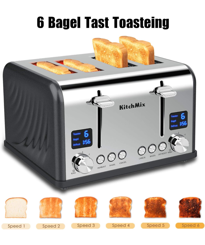 Tostador de 4 rebanadas pantalla doble ranura ancha bandeja de migas 