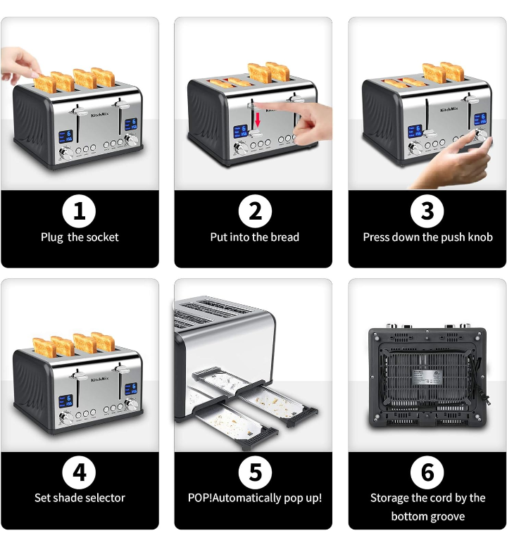 Tostador de 4 rebanadas pantalla doble ranura ancha bandeja de migas 