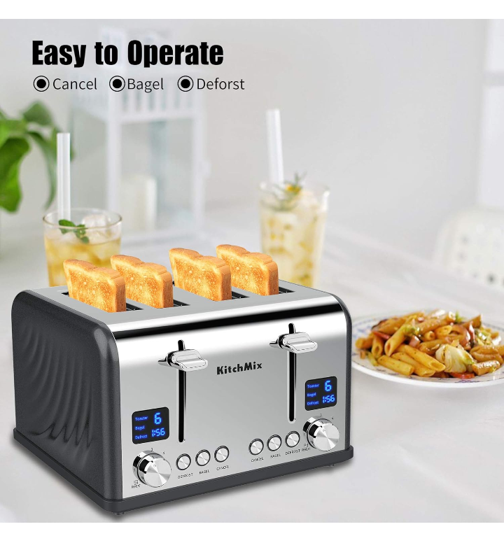 Tostador de 4 rebanadas pantalla doble ranura ancha bandeja de migas 