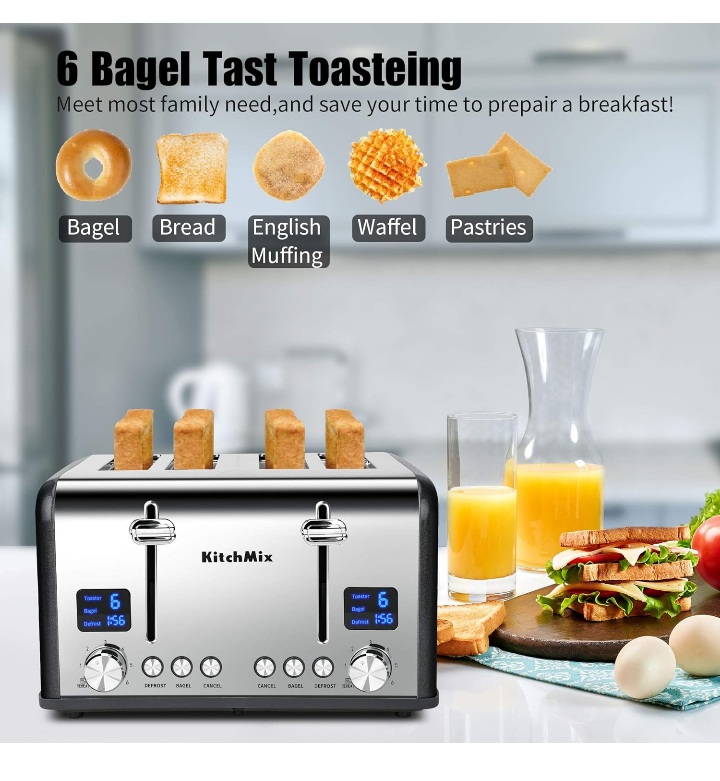 Tostador de 4 rebanadas pantalla doble ranura ancha bandeja de migas 